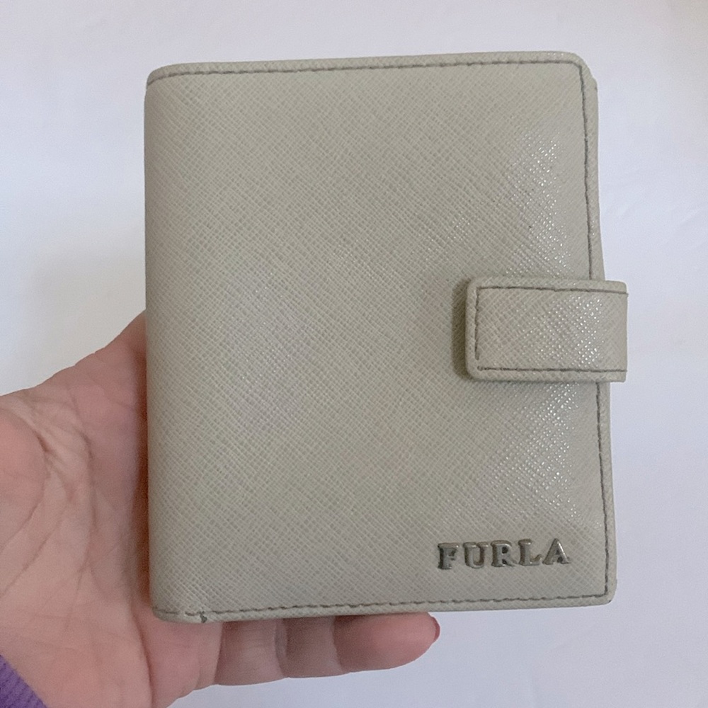 FURLA leather small wallet Grey with Celadon Green signature logo interior